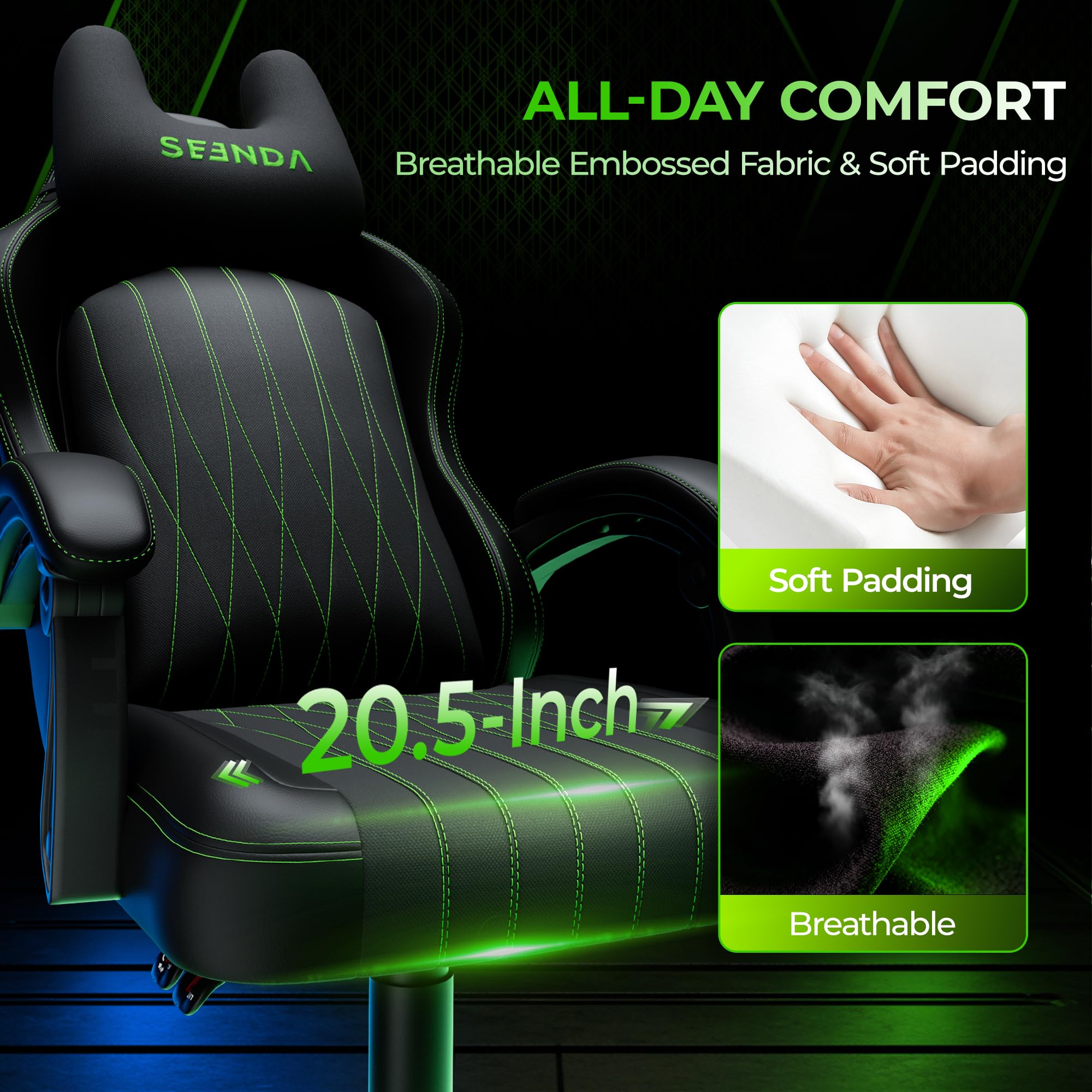seenda GCP-18 Bürostuhl Ergonomisch – Atmungsaktiver Gaming Stuhl aus Tech-Stoff & PU-Leder, Drehstuhl mit Synchron-Mechanik & 135° Neigung, Abnehmbares Kopfkissen, Chefsessel für Homeoffice, Schwarz