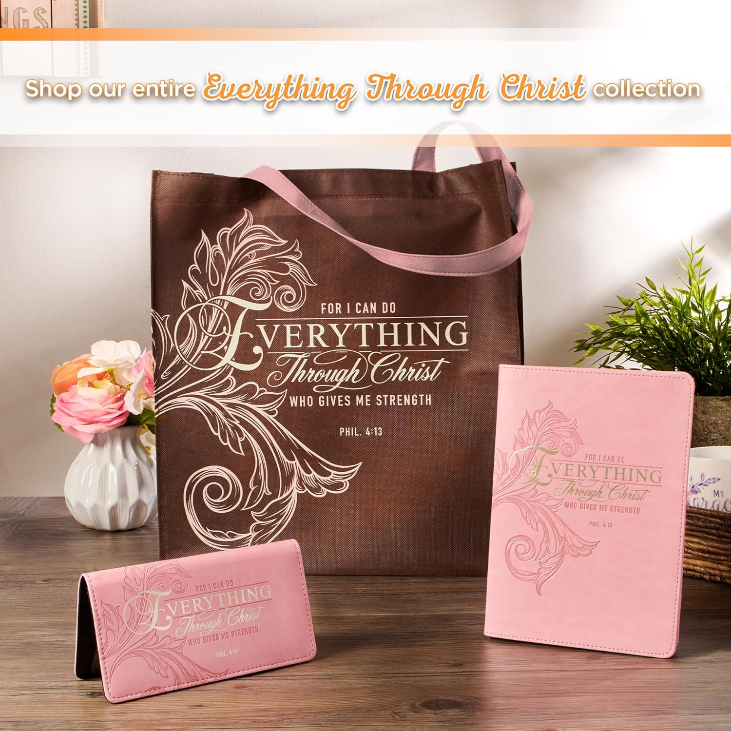 Christian Art Gifts Reusable Fashion Shopping Tote Bag for Women: Everything Through Christ - Philippians 4:13 Inspirational Bible Verse Durable Handbag for Groceries, Books, Supplies, Chocolate Brown - Image 8