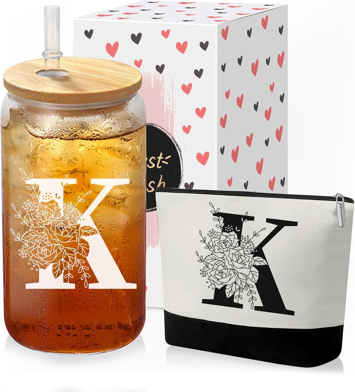 Custom Glass Cup & Makeup Bag Set - Personalized Gifts for Women, Initial 16 oz Glass Tumbler with Lid & Straw, Monogram Makeup Bag - Birthday Gifts For Women, Mother's Day Presents(K)