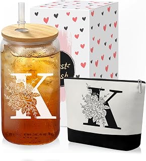 Custom Glass Cup & Makeup Bag Set - Personalized Gifts for Women, Initial 16 oz Glass Tumbler with Lid & Straw, Monogram Makeup Bag - Birthday Gifts For Women, Mother's Day Presents(K)