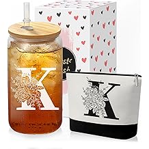 Custom Glass Cup &amp; Makeup Bag Set - Personalized Gifts for Women, Initial 16 oz Glass Tumbler with Lid &amp; Straw, Monogram Makeup Bag - Birthday Gifts For Women, Mother's Day Presents(K)
