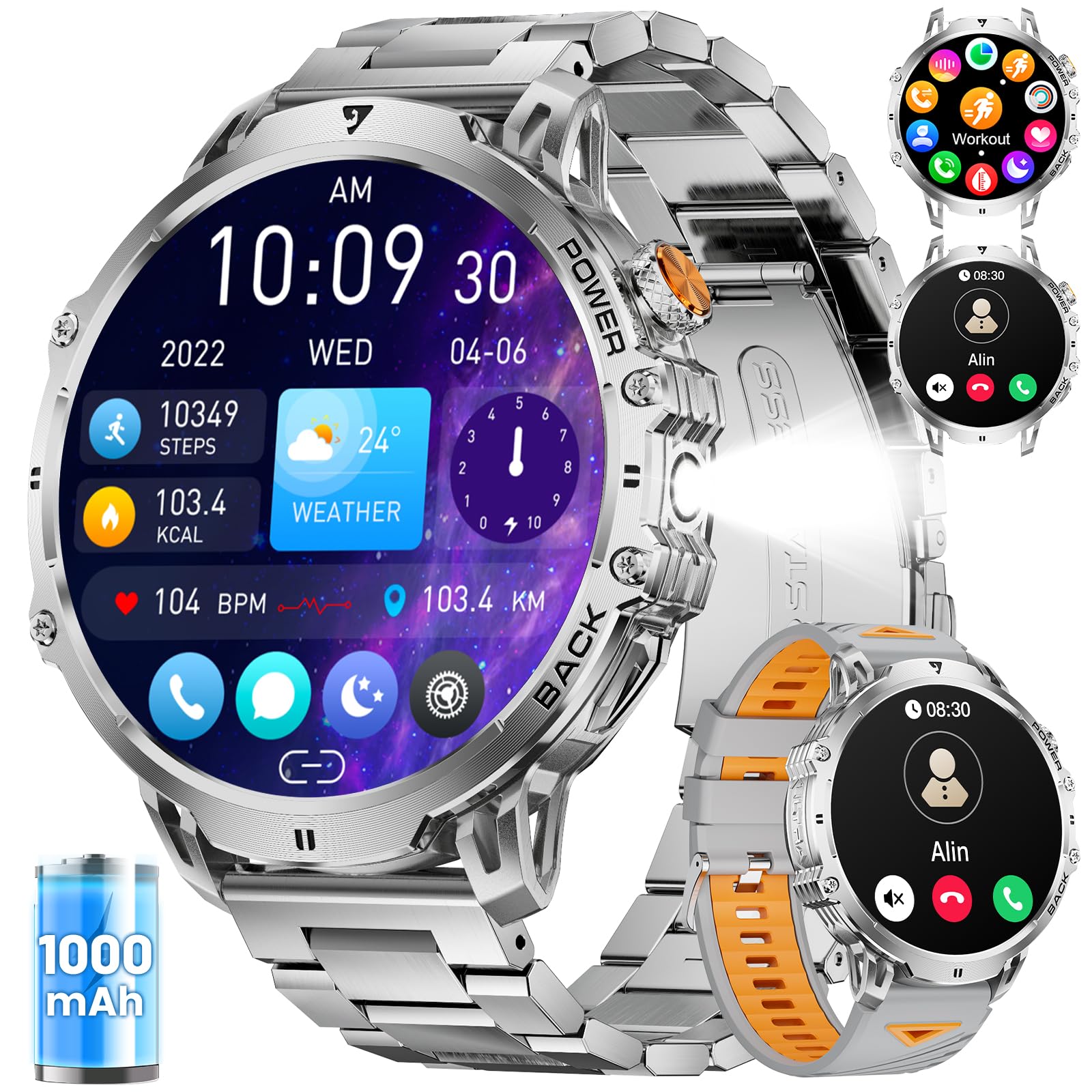 2026 Orologio da uomo da 1000 mAh/1.85" HD Display,IP68 Impermeabile Smartwatch con LED Lampa/130+ Modalità Sport,Fitness Tracker con monitor di frequenza cardiaca,SpO2,Sonno per Android iOS,Argento
