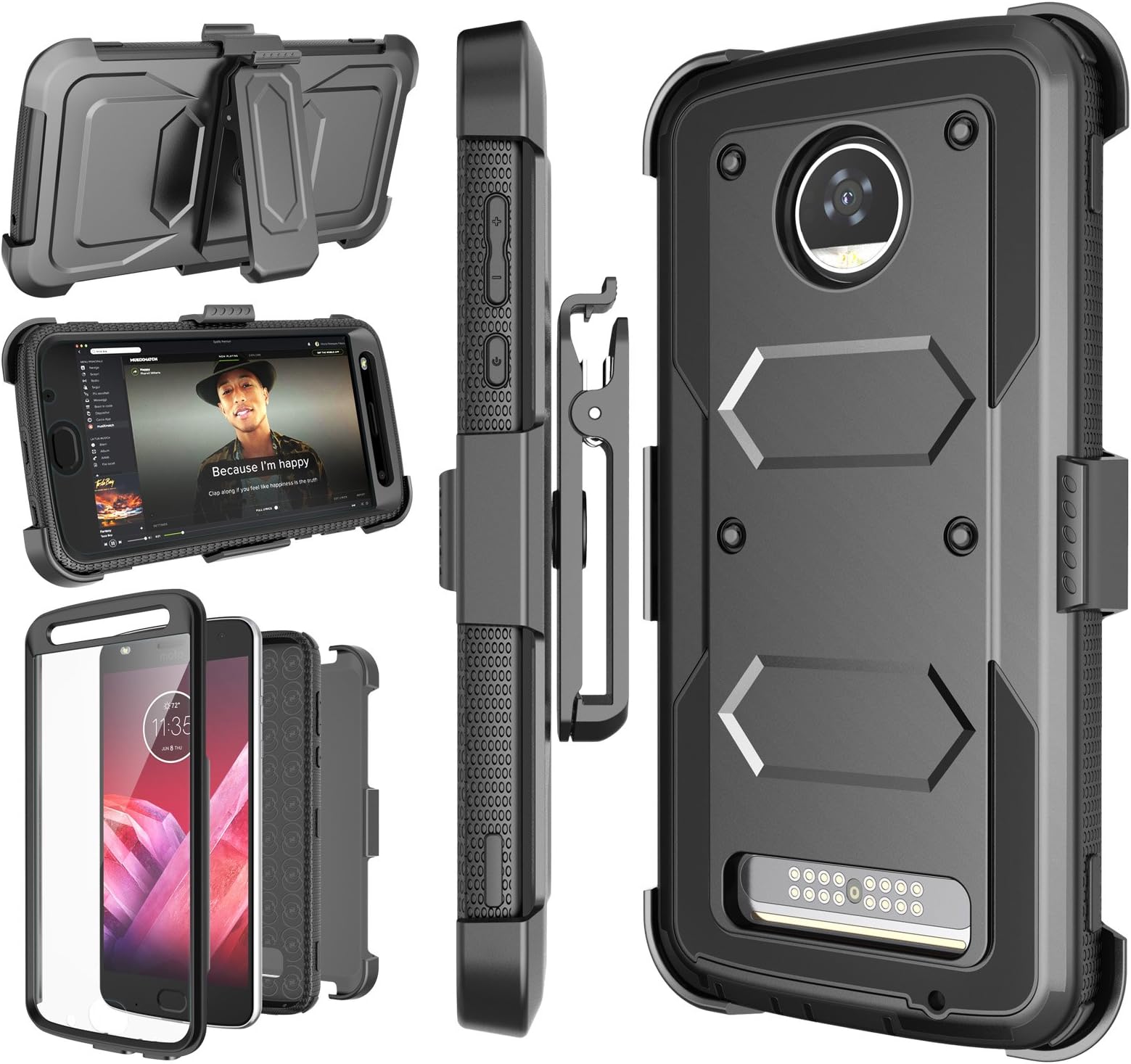 NJJEX Moto Z2 Play Case, for Moto Z2 Force Case, [Nbeck] Shockproof Heavy Duty Built-in Screen Protector Rugged Holster Locking Belt Swivel Clip Kickstand Hard Shell Cover for Moto Z2 Play [Black]