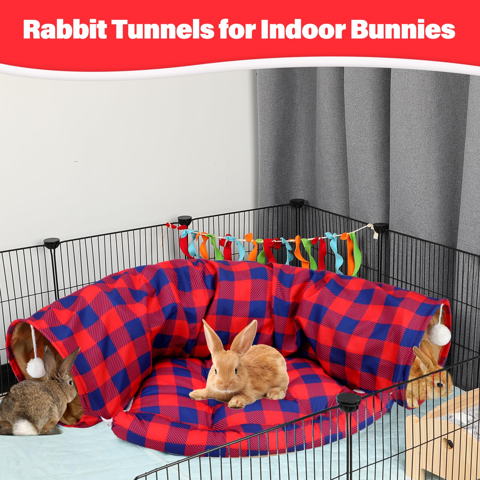 BWOGUE Tunnel lit pour lapin, 2 en 1 - Tunnel pliable avec tapis amovible pour chats, chatons, lapins, cochons d'Inde, chatons (carreaux rouges)