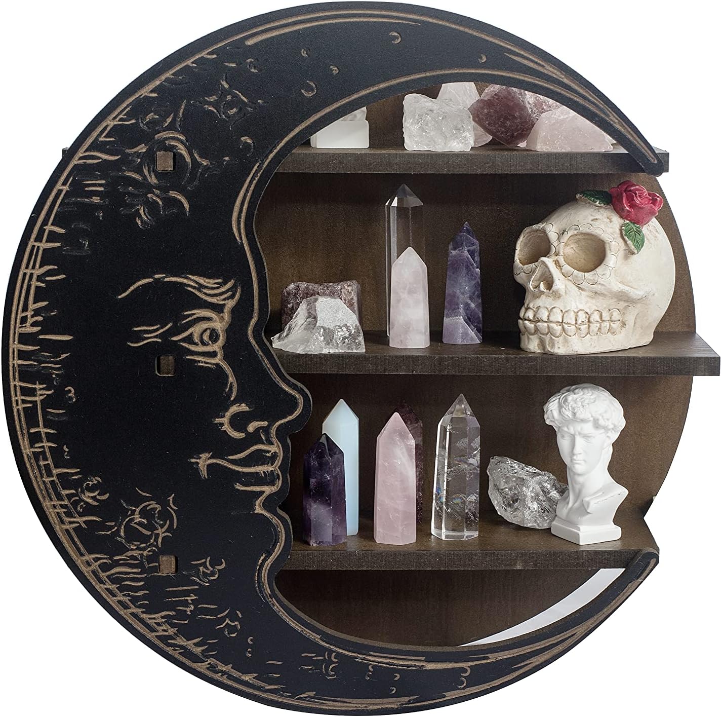 Black Crescent Moon Shelf - Rustic Wooden Crystal Holder for Healing Stones and Essential Oils - Wall-Mounted Crystal Shelf Display for Wall Decor - Witchy Gifts for Women