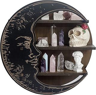 CEFRECO Black Crescent Moon Shelf - Rustic Wooden Crystal Holder for Healing Stones and Essential Oils - Wall-Mounted Crystal Shelf Display for Wall Decor - Witchy Gifts for Women
