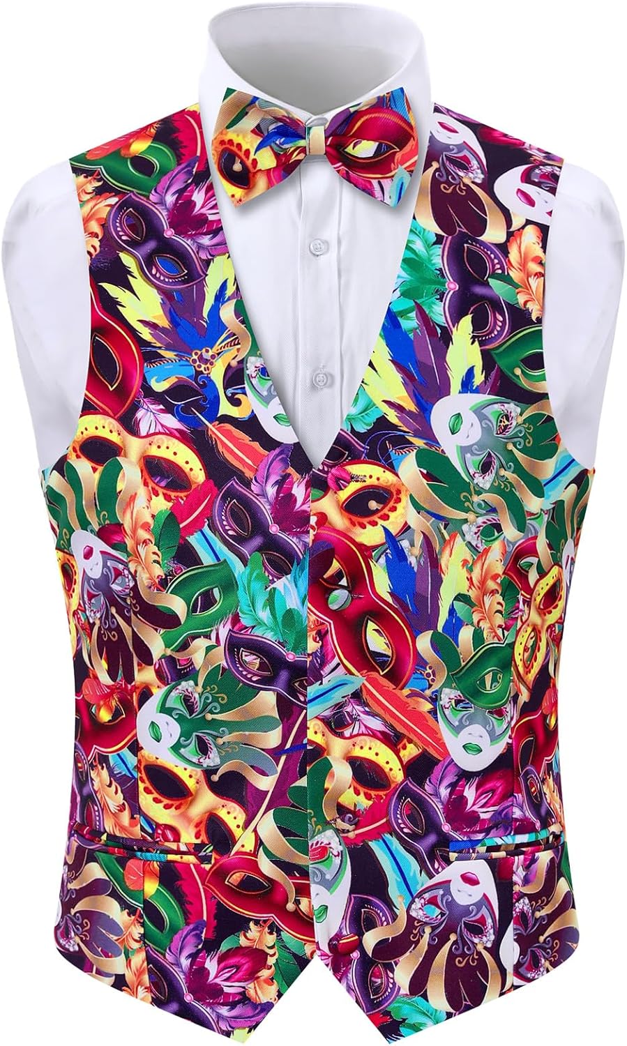 2-Piece Men's Mardi Gras Halloween Vest, Waistcoat Vest & Bow Tie S-3XL