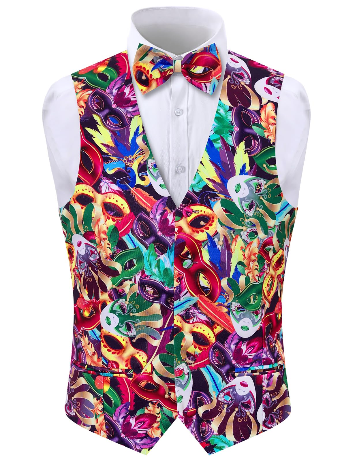 Fashonal Men's Masquerade Mask 2-Piece Party Suit Vest For Waistcoat Vest & Bow Tie, 3XL