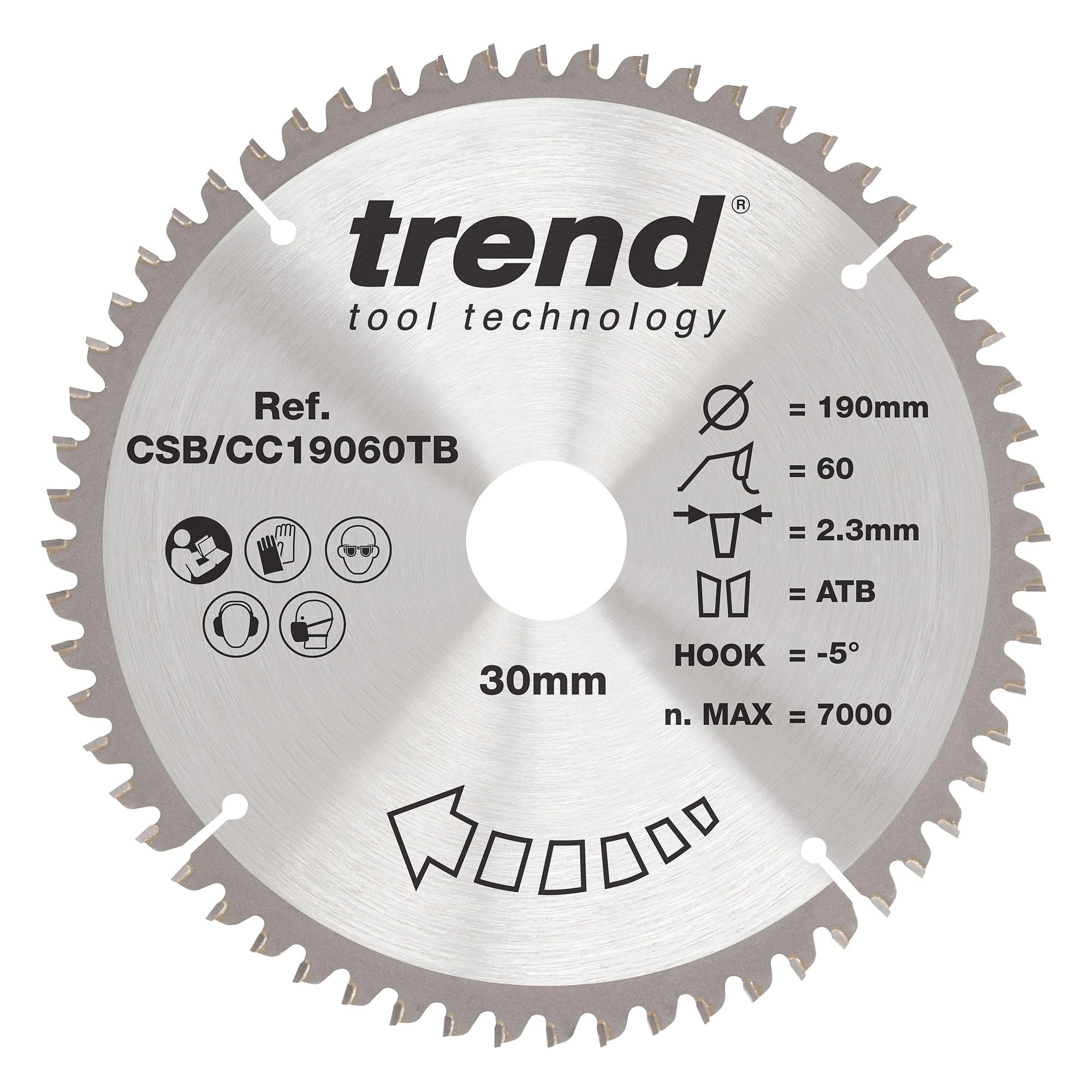 Trend Wood Cordless Mitre Saw Blade, 190mm Diameter, 30mm Bore, 60 Teeth, 2.3mm Kerf, -5° Hook, TCT, Extra-Fine Finish, CSB/CC19060TB