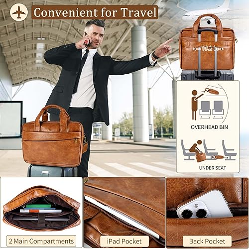 Miniatura 68 de Bolsa de mensajero para hombre de 17.3 pulgadas de lona/cuero para portátil, mochila para hombre, maletín para computadora, bolsa de hombro Marrón