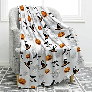 Jekeno Halloween Pumpkin Spooky Blanket Bats Hat Spider Webs Print Gifts for Women Kids Girls Boys Home Bedroom Living Room Decor Soft Cozy All Saints' Day Throw Blankets White 50"x60"