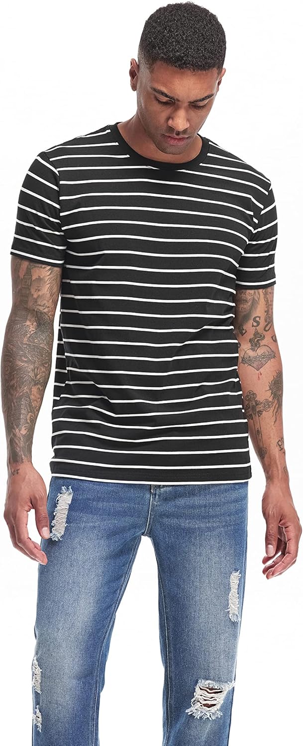 VEIISAR Men's Crewneck Striped T-Shirt Soft Elastic Cotton Tees - Image 2
