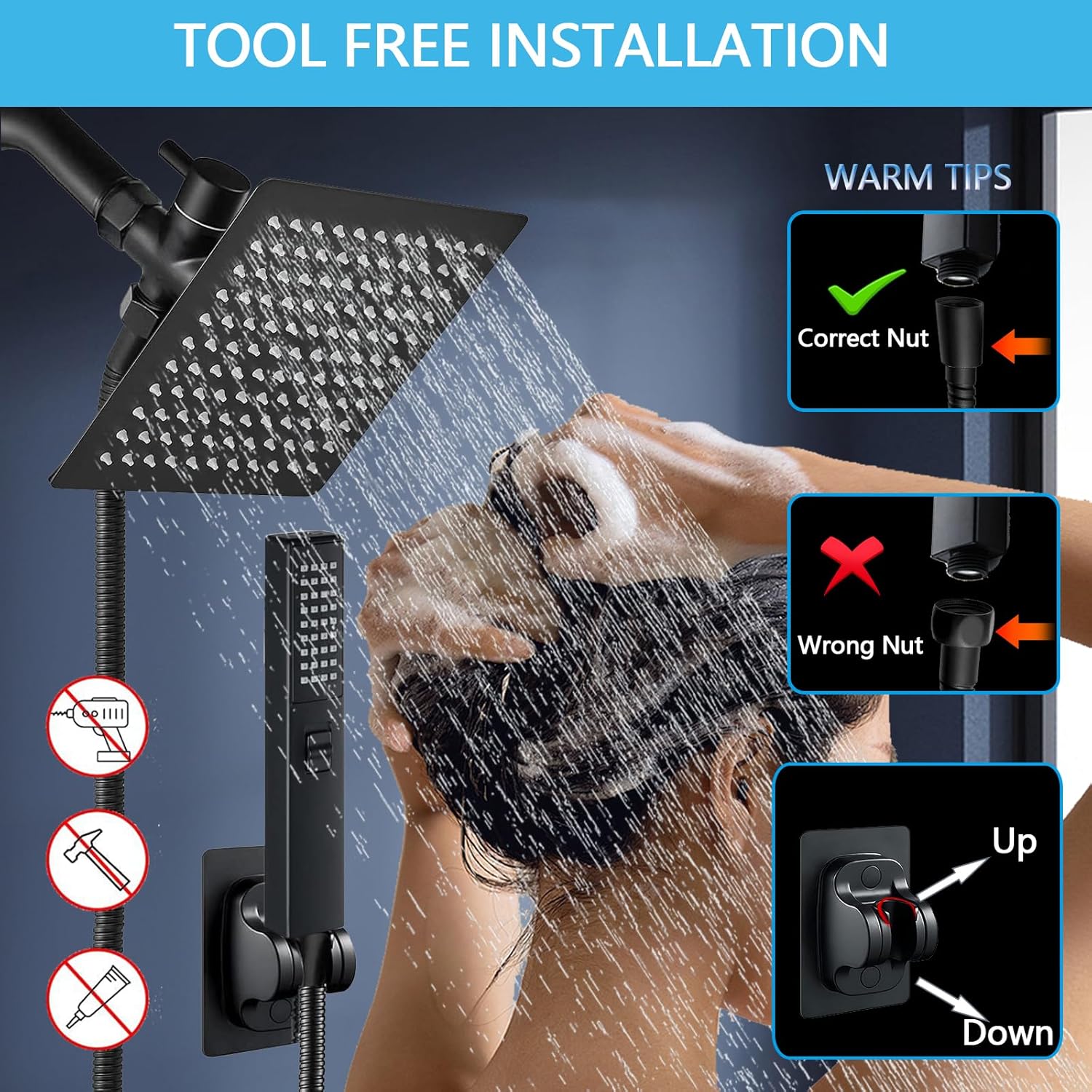 6'' Square High Pressure Rain Black Shower Heads with Handheld Spray Combo. Equipped with 78" Leakproof Hose, 3 Way Diverter Valve, Adhesive Shower Head Holder, Double Shower Head Set, AWAXFOLO