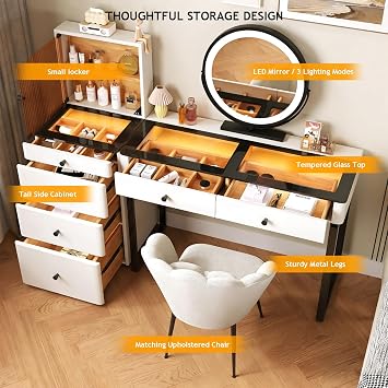 Modern Dressing Table with Mirror and Lights, Vanity Table with Drawers and Stool, Tempered Glass Display Top, Pre-Assembled Makeup Table with Reversible Cabinet for Small Bedroom