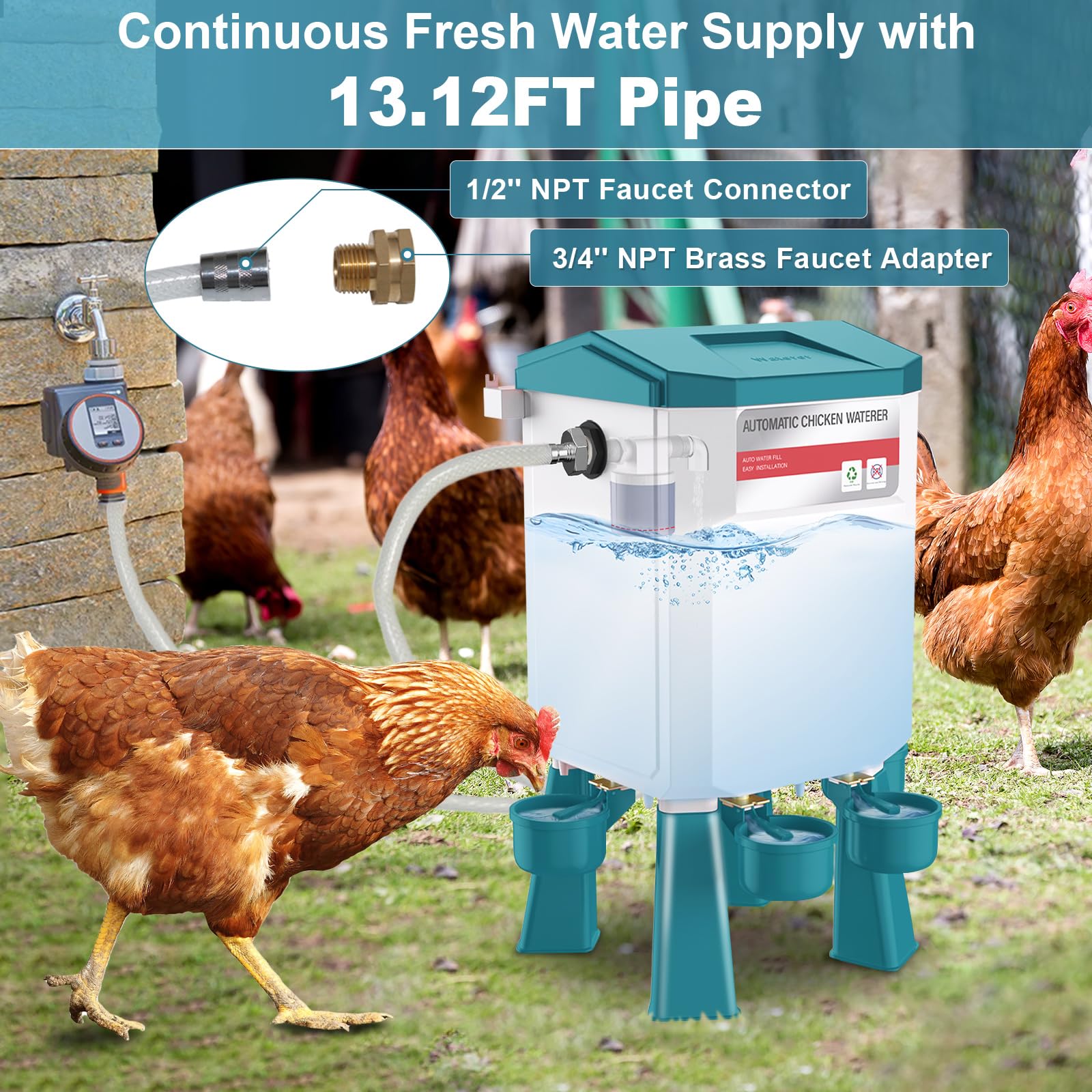 Bebedero automático de pollo, 2 galones, alimentador de agua para pollo controlado por flotador con 4 tazas de agua, manguera de 158.4 pulgadas con extremos de 3/4 pulgadas y 1/2 pulgadas, bebedero