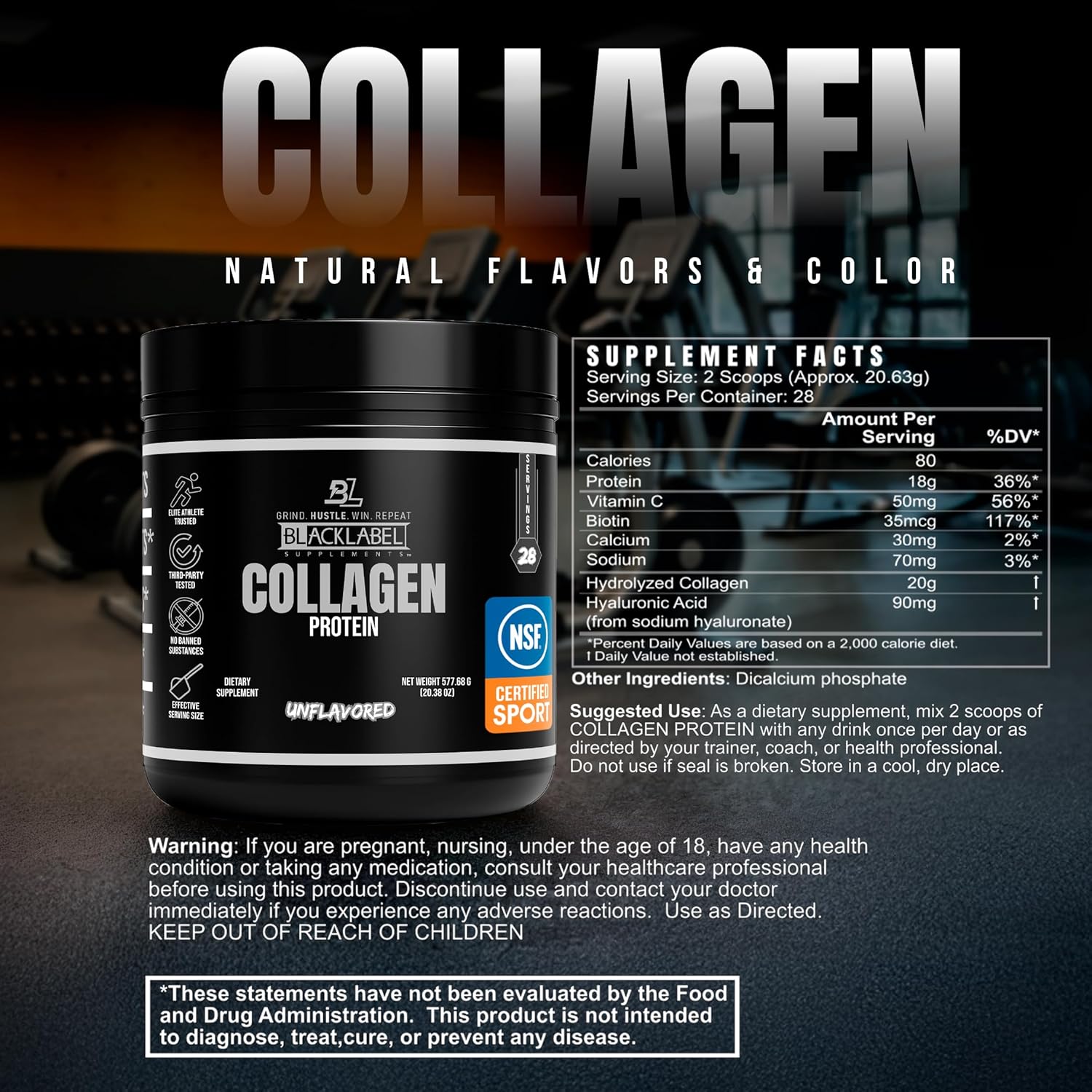 Blacklabel Unflavored Collagen Peptides Protein Powder – NSF Certified for Sport – Hydrolyzed Collagen Powder for Joint, Tendon and Ligament Support – Protein with Collagen for Recovery – 28 Servings