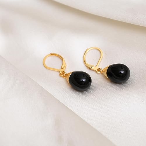 Miniatura 3 de Gempires Black Obsidian 14k Gold Electroplated Dew DropTeardrop Leverback Earrings, Black Crystal Earrings, Dangling, Drop Earrings for Women,