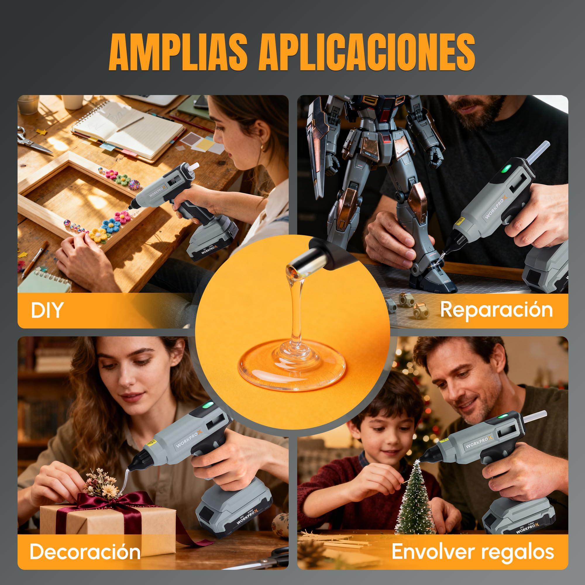 WORKPROX Pistola Silicona Caliente Inalámbrica con 20 Barras 11 x 150mm | Flujo De Pegamento 15g/min Y Autonomía 90 Minutos Con Carga USB-C Para Manualidades Reparaciones Y Proyectos DIY
