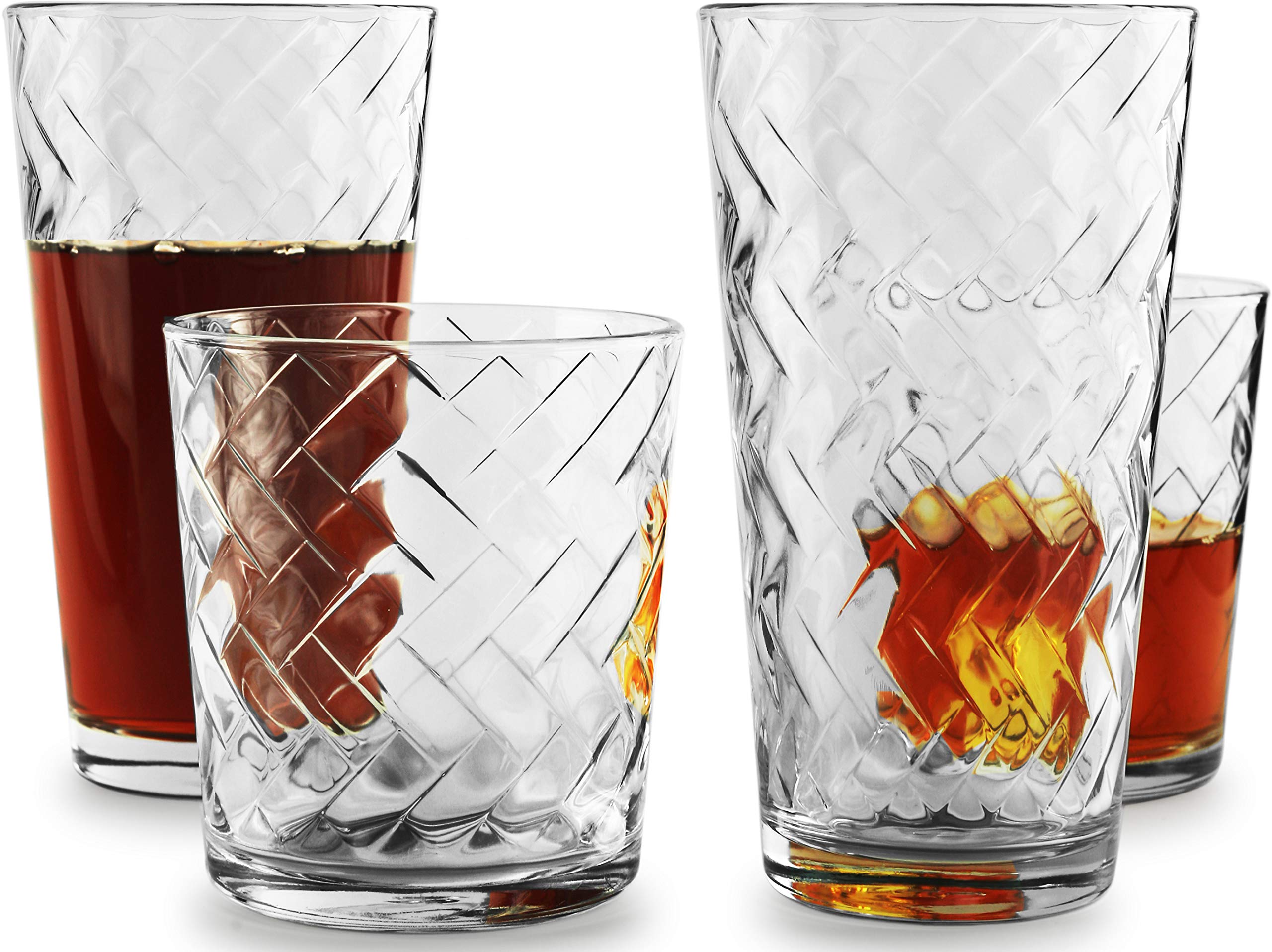 CirclewareChevron Huge 12-Piece Glassware Set of Highball Tumbler Drinking Gl and Whiskey Cups for Water, Beer, Juice, Ice Tea Beverages, 6-15.75 oz & 6-12.5 oz, Clear