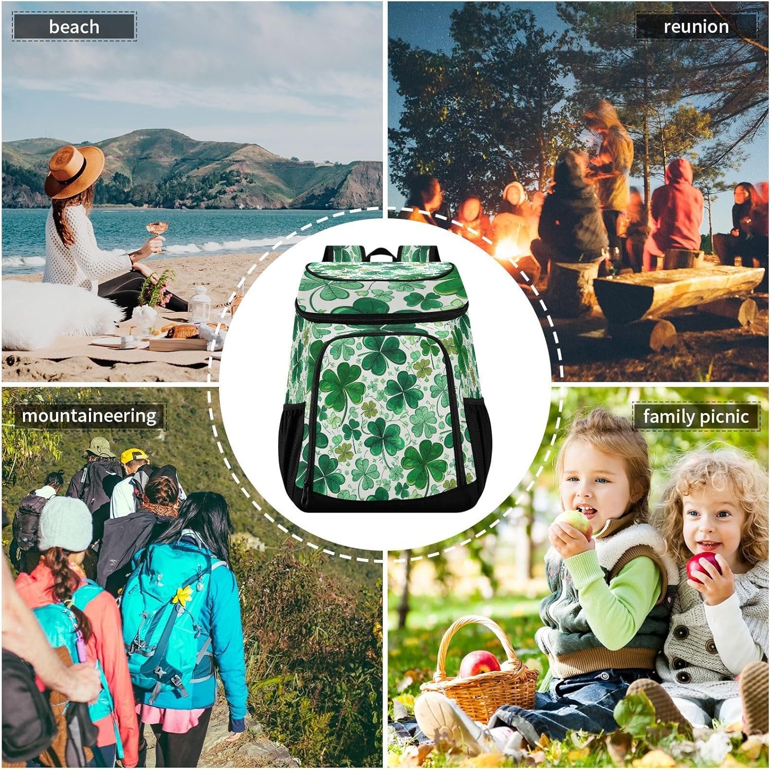 Four-Leaf Clover Cooler Backpack 36 Cans Leakproof Waterproof Backpack Cooler Bag Beach Accessories Travel Camping Fishing Backpack for Women Men