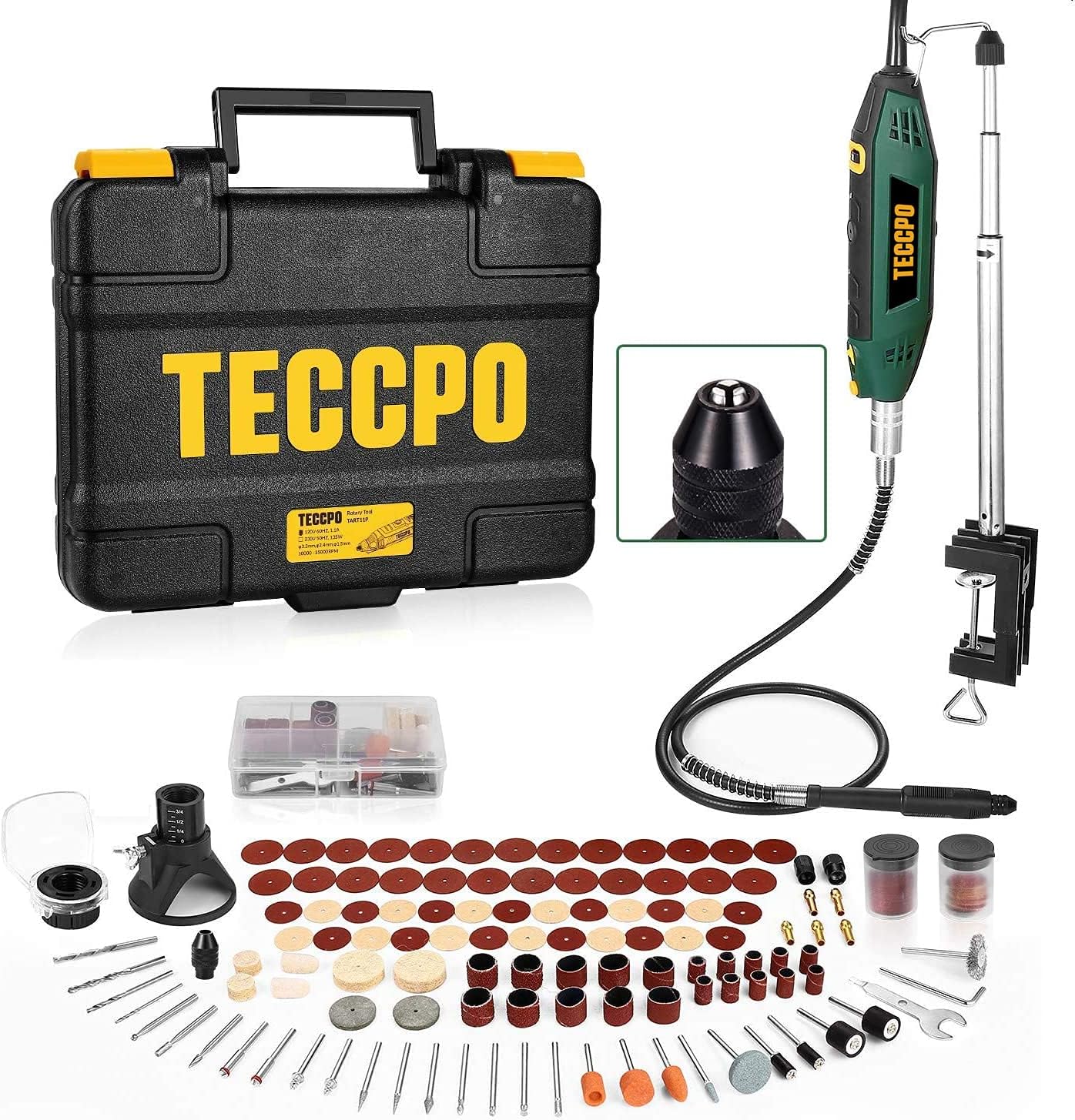 TECCPO Rotary Tool Kit with corded tool, flexible shaft, and accessories laid out.