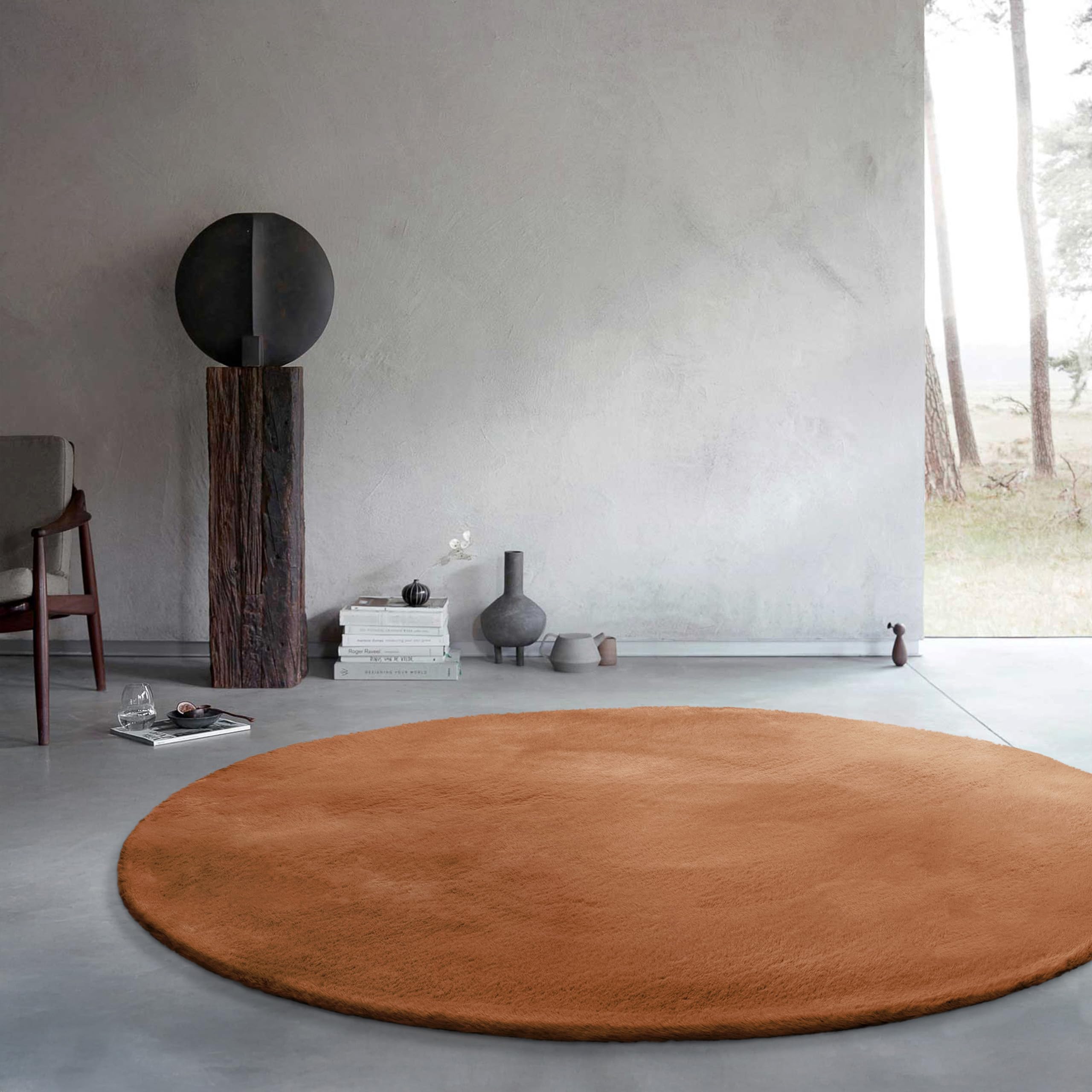 Wecon Home Basics - Tapis à poils longs moelleux – Design élégant et stylisé pour salon, chambre à coucher et plus - Anna (100 cm rond, Terracotta)