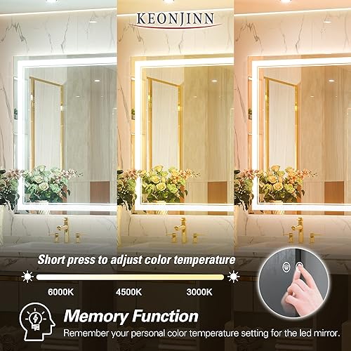 Miniatura 2 de Keonjinn Espejo de baño LED de 72 x 36 pulgadas con luces, espejo de tocador frontal de gran tamaño, 3 colores, antiniebla, regulable, para montaje