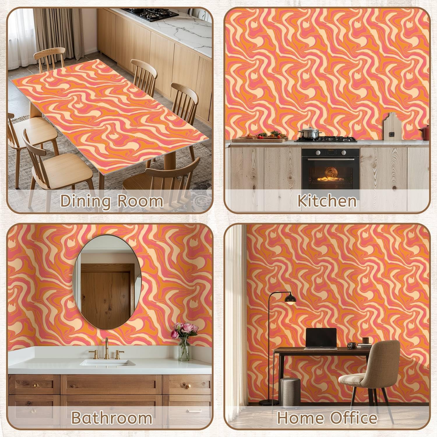 Peel and Stick Wallpaper Self Adhesive Wall Mural 1970 Wavy Swirl Seamless Pattern Orange Pink Colors Hand Drawn Contact Paper Renter Friendly Wallpaper for Kitchen Nursery Bedroom 24"x118"