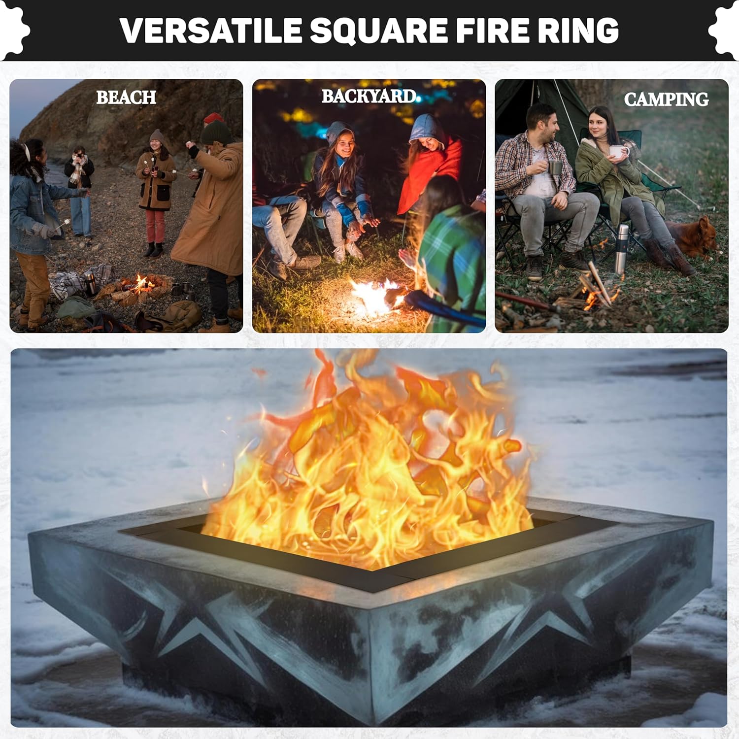 FEBTECH Smokeless Fire Ring Liner - Square Carbon Steel 32 inch OD & 24 Inch ID Square Fire Pit Insert with Heat Resistant Coating - DIY Campfire Ring for Outdoor Bonfire, BBQ, Camping & Gatherings