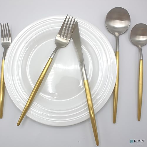 Miniatura 2 de Elyon Lea - Juego de cubiertos de 20 piezas de cubiertos de acero inoxidable 1810 con asas finas doradas, servicio para 4, juego de cubiertos