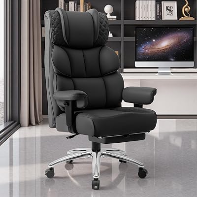 Office Desk Chair, Big and Tall Leather Gaming Chair with Footrest, Wide Ergonomic Comfy Executive High-Back Reclining Computer Chairs, Swivel Rolling Wheels and Padded Lumbar Support, Black