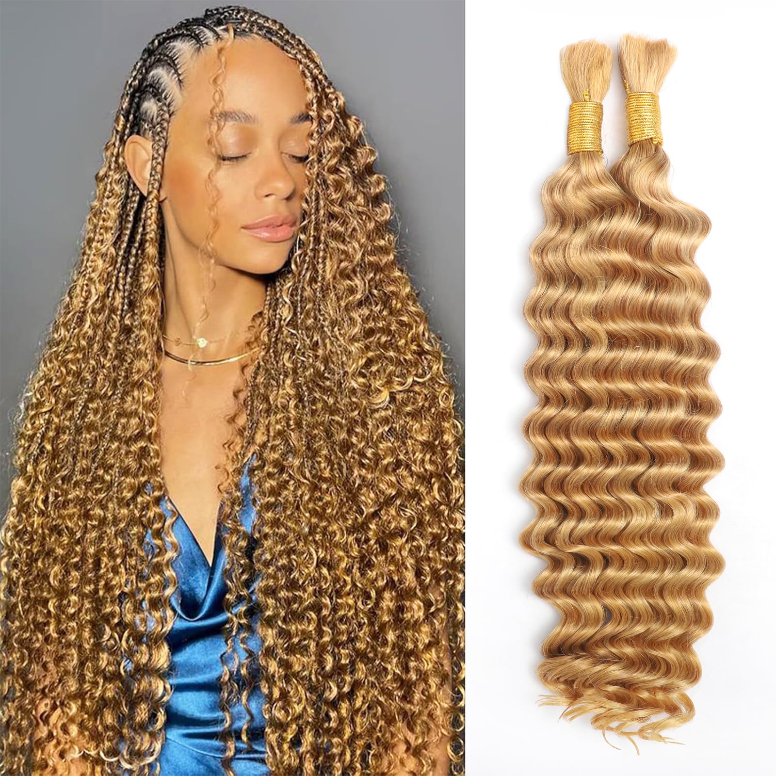 Human Braiding Hair for Boho Braids, Deep Wave Bulk Boho Braids Human Hair for Knotless Curly Bohemian Water Wave Braiding 70g 22 Inch Caramel Blonde