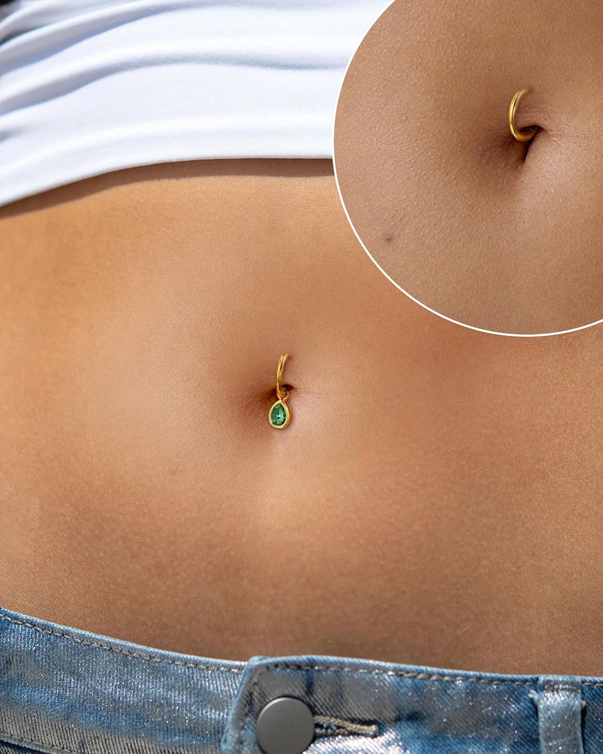 COCHARM 14G Clicker Belly Button Rings Gold Plated Belly Navel Rings for Women Dangle Green CZ Belly Navel Piercing Jewelry Stainless Steel - Image 2