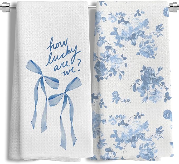 Chinoiserie Coquette Bow Floral Kitchen Towels Set of 2, Blue and White Porcelain Peony Decor Dish Tea Towels for Kitchen, Grandmillennial Floral Hand Towels for Bathroom Decor, 16x24 Inches