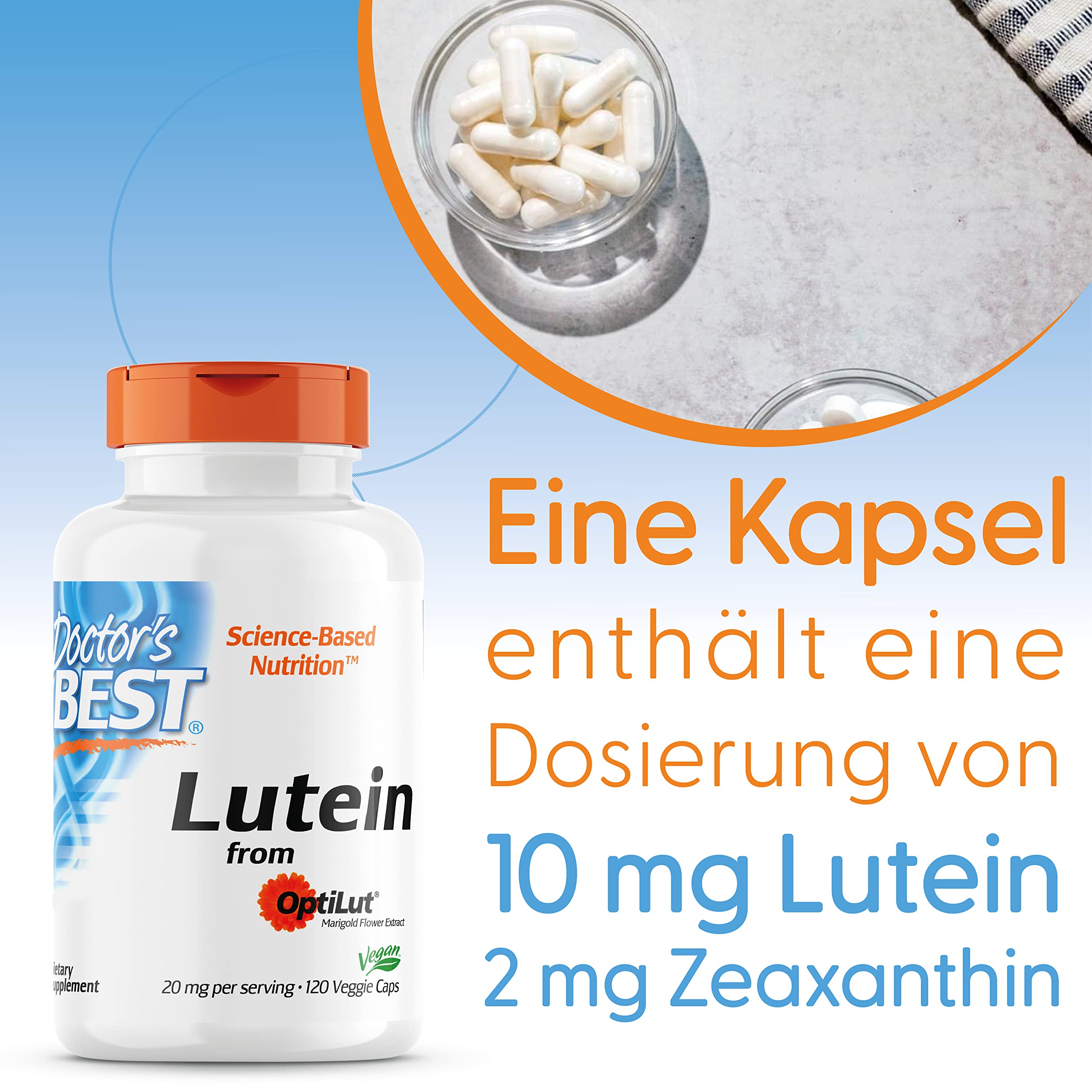 Doctor's Best, Lutein, mit Optilut, 10 mg, 120 vegane Kapseln, Carotinoid, Zeaxanthin, Laborgeprüft, Hochdosiert, Sojafrei, Glutenfrei