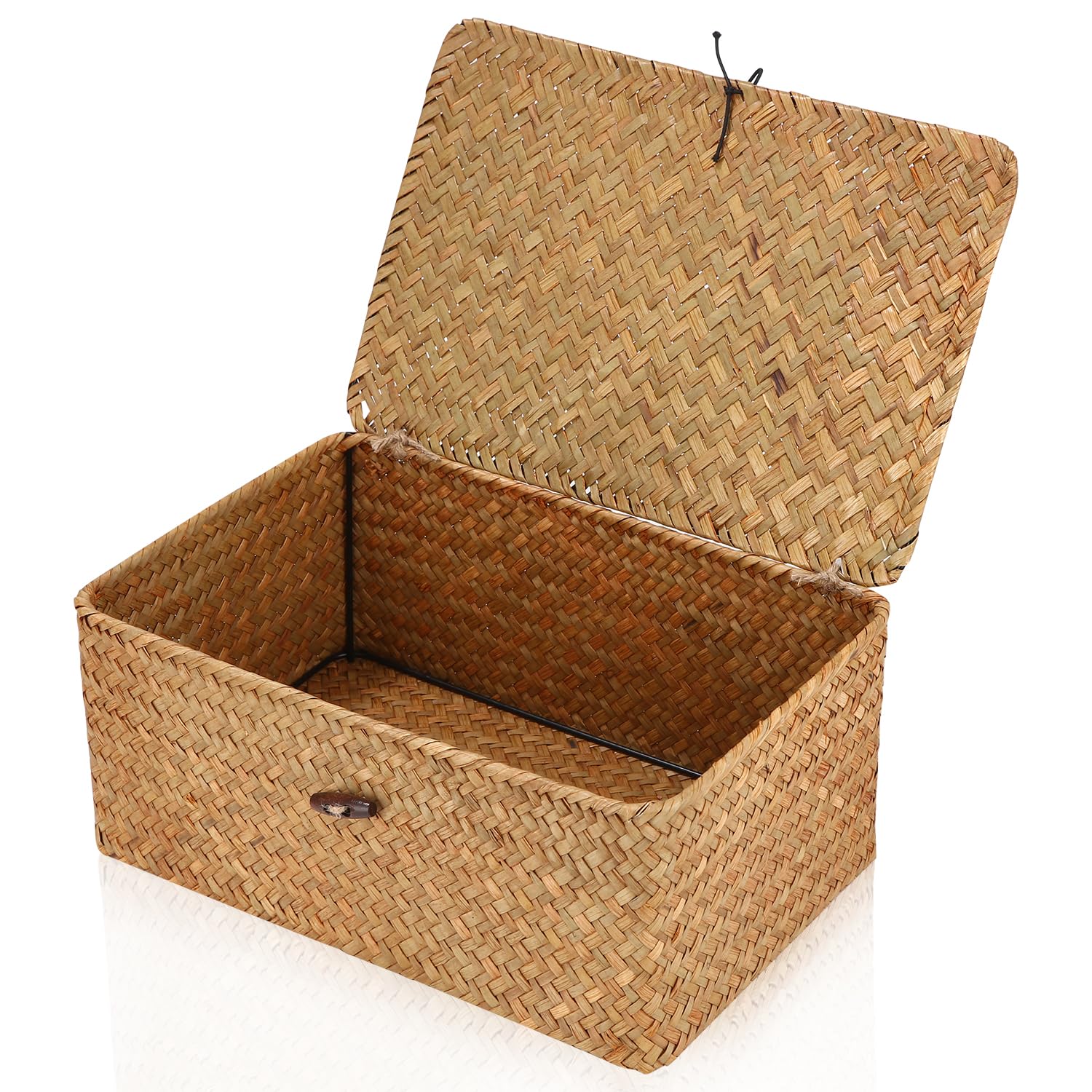 Cexovo Cesta Almacenamiento con Tapa,de Mimbre Rectangular Decoración Cesto de Almacenaje Seagrass Ratán Cestas Mimbre Rectangular Tejido de Ratán Caja con Tapa 29x19x12cm