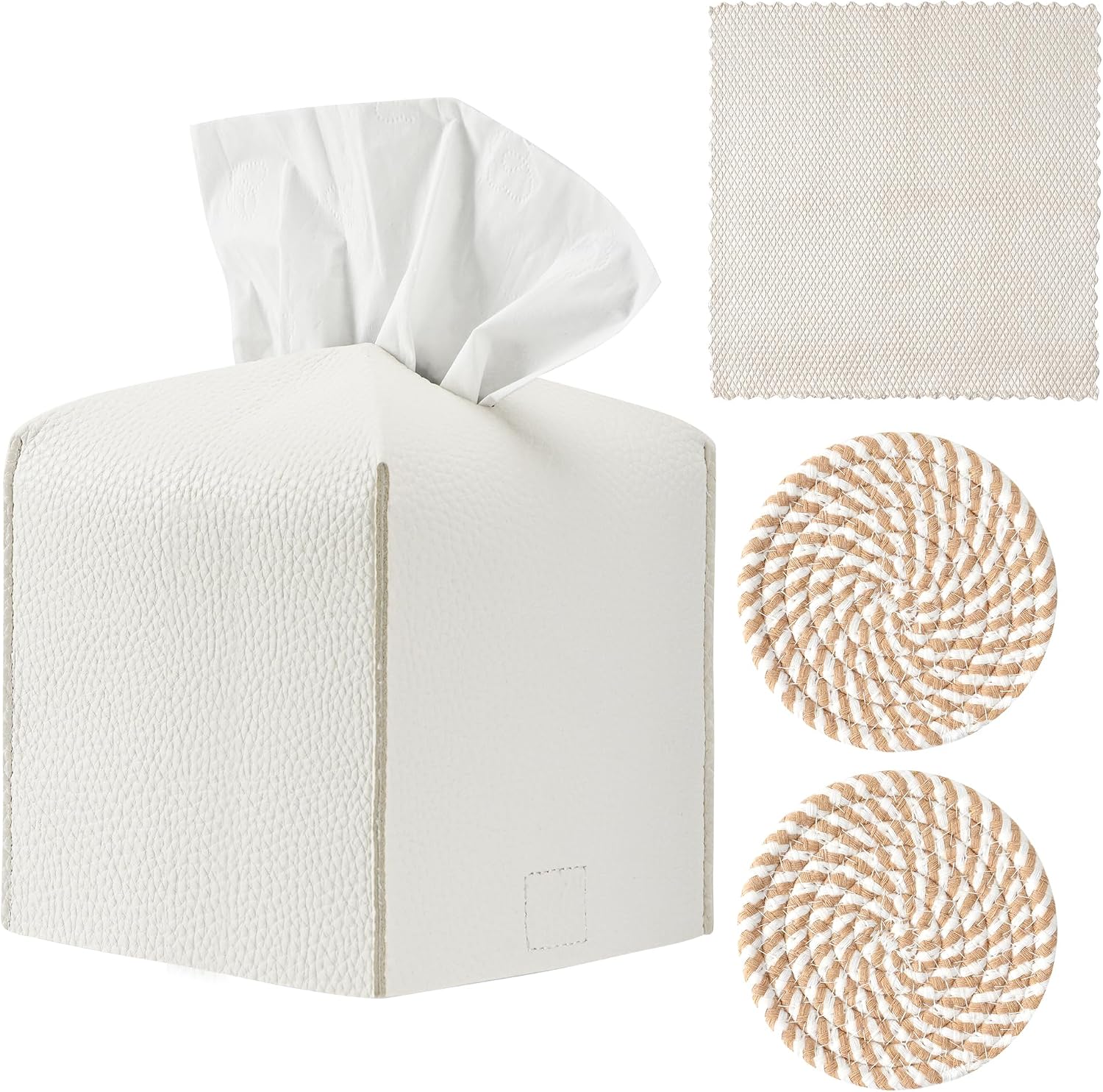 Square Tissue Box Cover Holder with Coasters and Cleaning Cloth Set