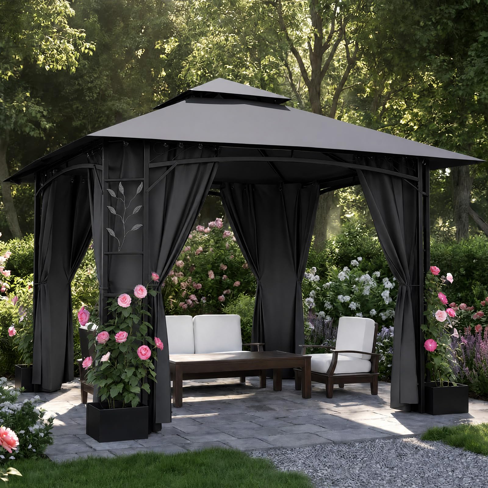 JUMMICO Garden Gazebo 3.3 x 3.3 m Iron with Flower Box, 4 Sidewalls, Stable, Wind and Weather Resistant – Metal Structure, Garden Furniture