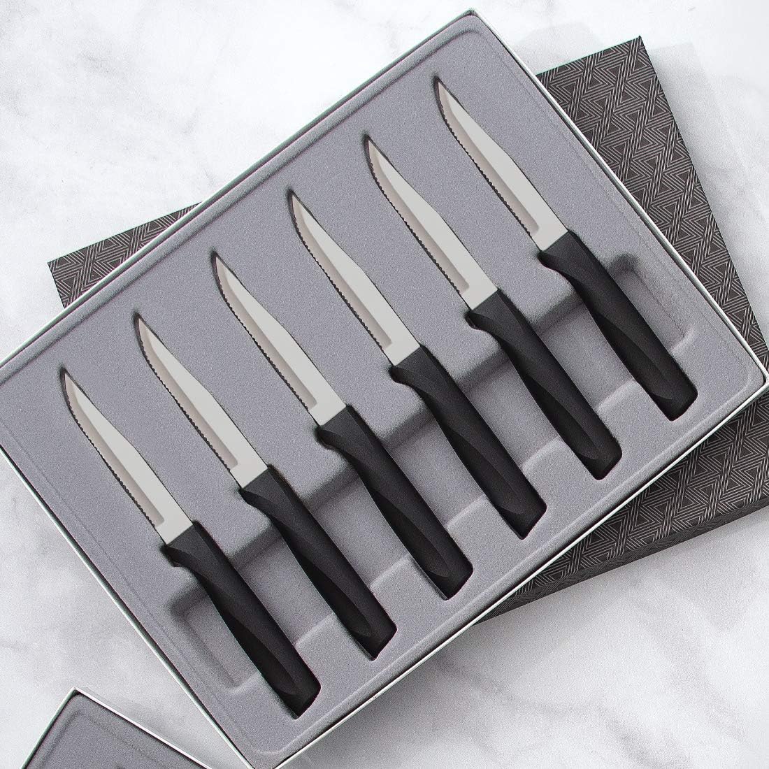 RADA Cutlery Anthem Series 6-Piece Serrated Steak Knife Set, Black Handles