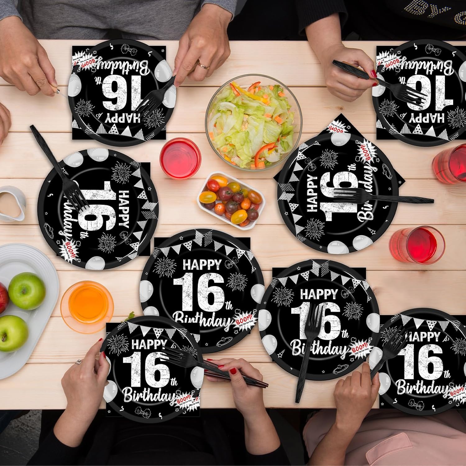 96PCS 16th Birthday Plates and Napkins Black Silver 16th Birthday Supplies for Boys and Girls Disposable Dessert Paper Plates Happy 16 Year Old Party Kids Birthday Gatherings Decorations