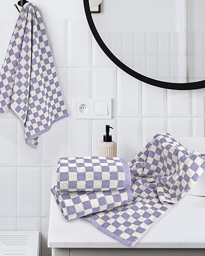 Miniatura 6 de Juego de toallas de mano para baño, habitación de huéspedes y hogar, juego de toallas de mano 100% algodón, estampado a cuadros lila, extra suave,