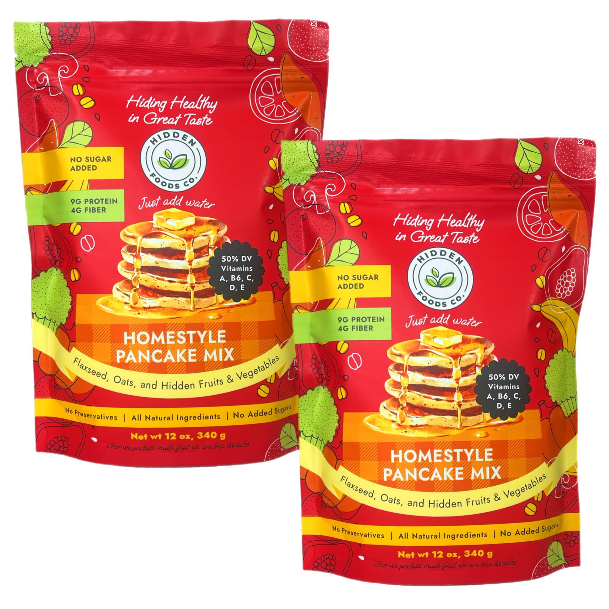 Hidden Foods Homestyle Pancake Mix and Waffle Mix | Thick & Fluffy Pancake with Oats, Flaxseed & Hidden Fruits & Veggies | Rich in Protein, Fiber and Vitamins | Breakfast Meal Just Add Water - 2 Pack