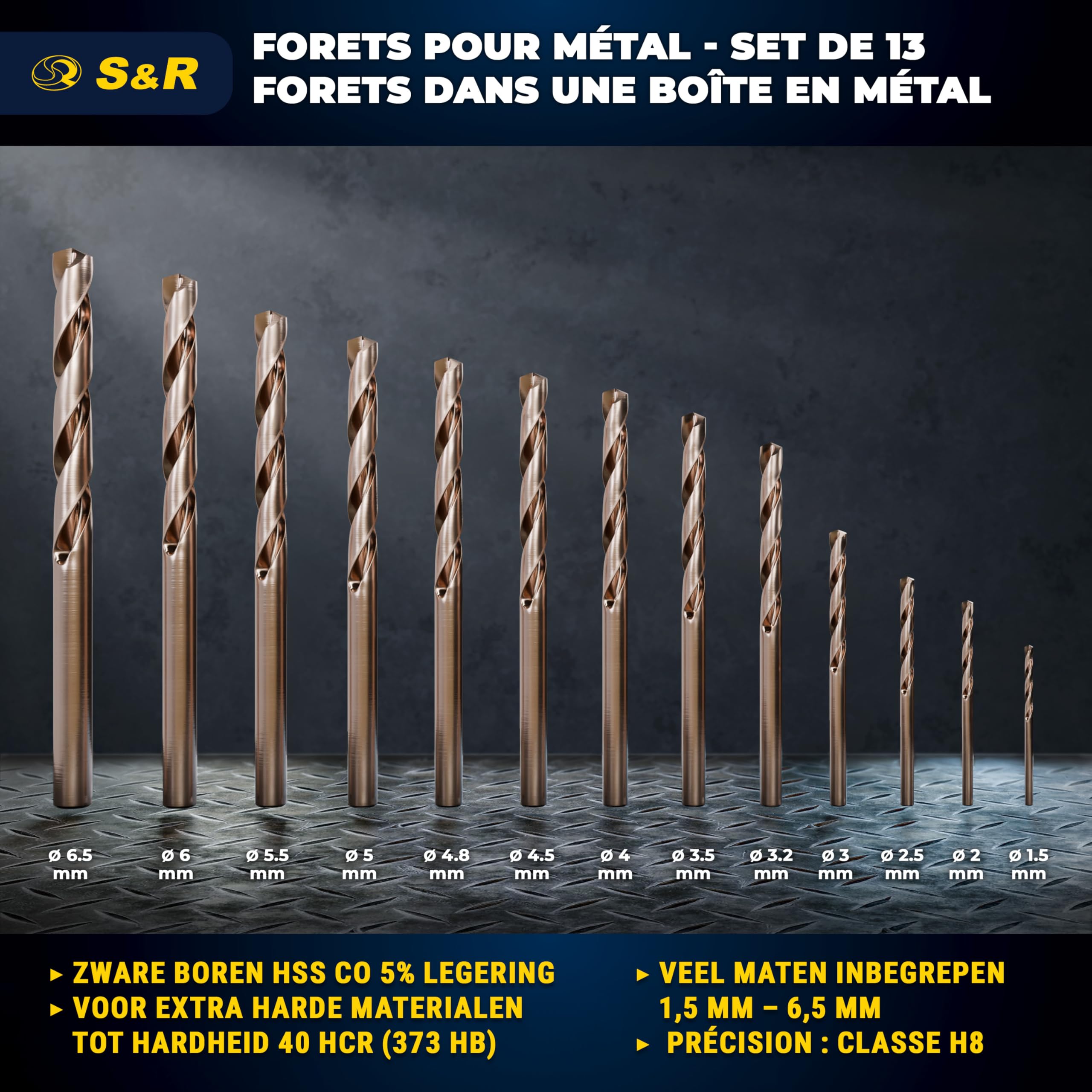 S&R Forets à Métaux HSS Cobalt 1-6,5 mm Set 13 Pièces DIN 338 Coffret Métal