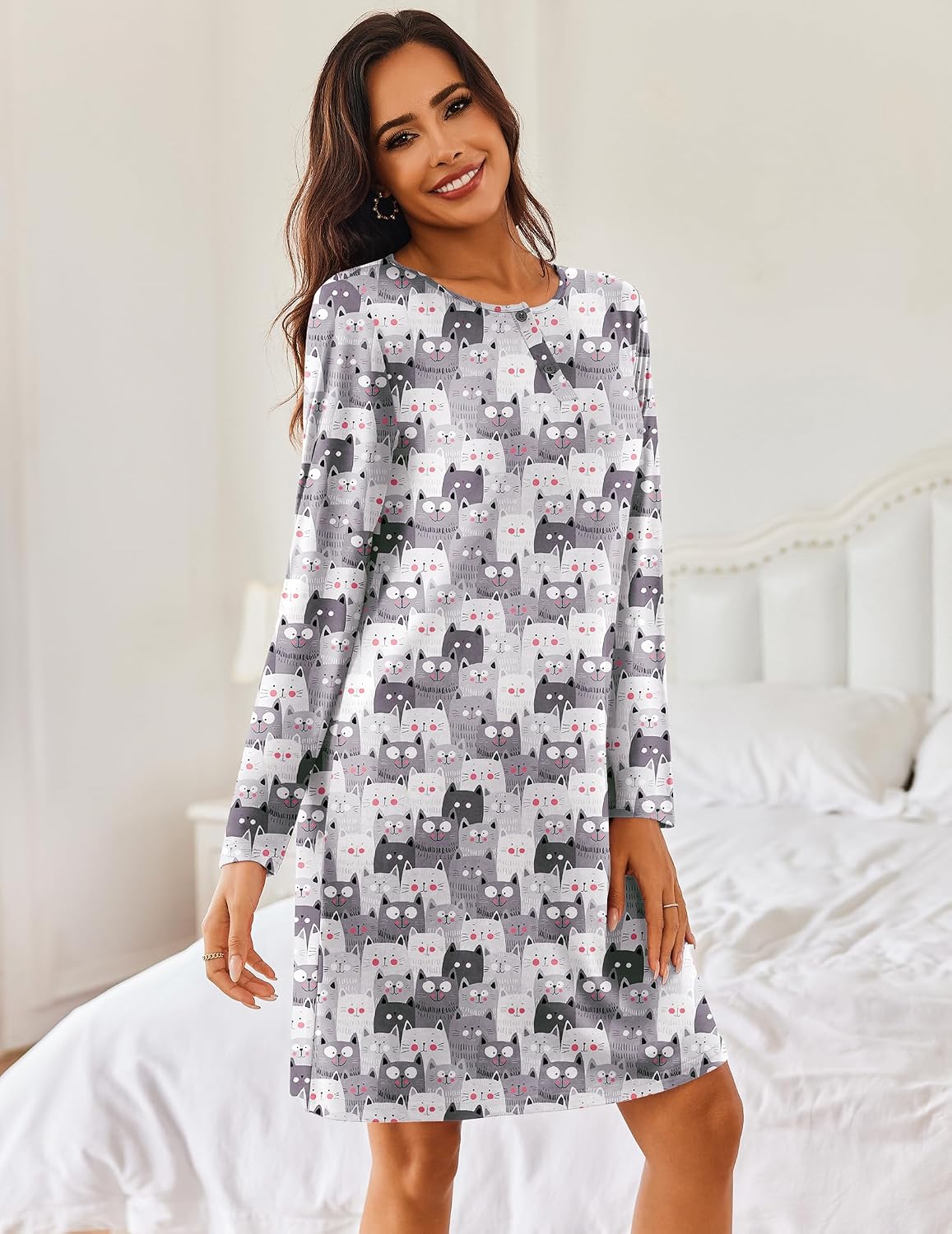 Ekouaer Women's 2-Pack Long Sleeve Nightgowns Soft Sleep Dress S-XXXL — view 4