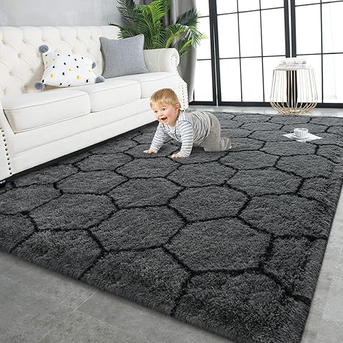 TWINNIS Super Soft Shaggy Rugs Fluffy Carpets, 5x8 Feet, Indoor Modern Plush Area Rugs for Living Room Bedroom Kids Room Nursery Home Decor, Upgrade Anti-Skid Rectangular Fuzzy Rug, Dark Gray