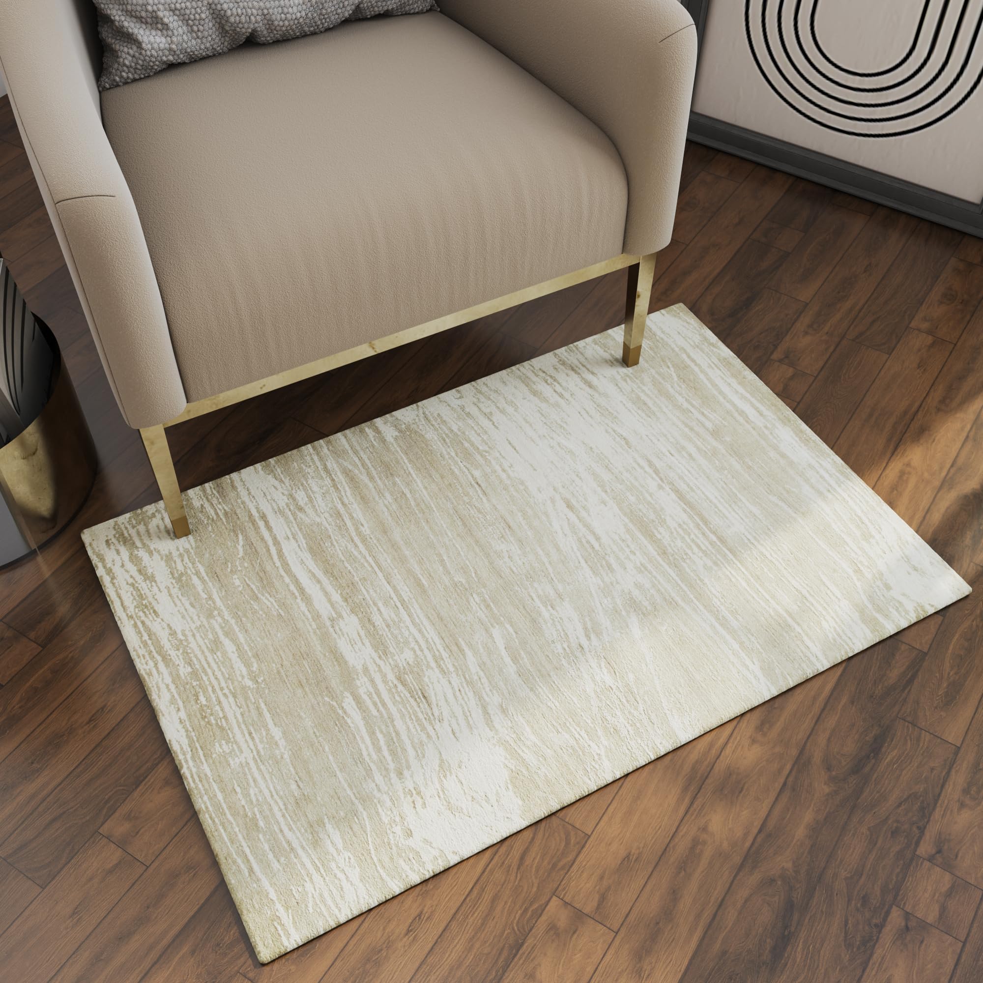 Soft Hand Knotted Abstract 2 x 3 Feet Rug| Beige & Brown Handmade Wool & Bamboo Silk Carpet for Living Room, Bedroom & Home