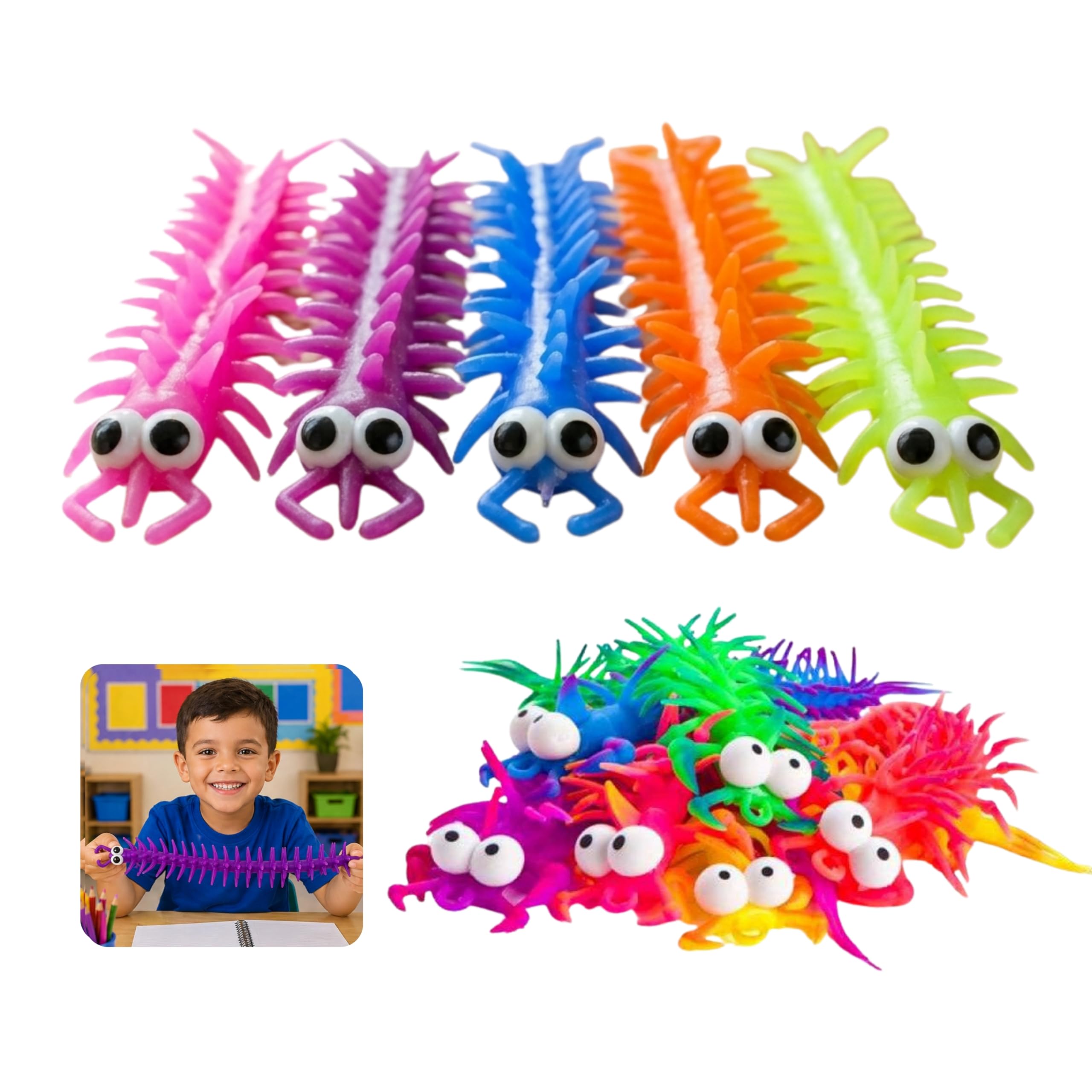 Stretchy Centipede Fidget Toy Set, Soft Squishy Sensory Toy, Stress & Anxiety Relief for Kids & Adults, Portable Pocket Toy, Non-Toxic, Party Favor, Birthday Gift - 3x Random Colors
