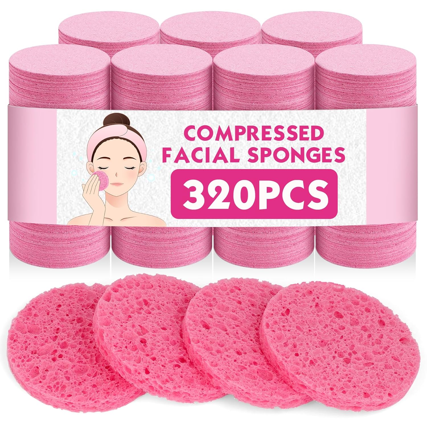 320-Count Compressed Facial Sponges, Natural Cellulose Face Sponge for Cleansing, Cosmetic Spa Sponges for Washing face, Exfoliating, Makeup Removal, Skin Massage (Pink)
