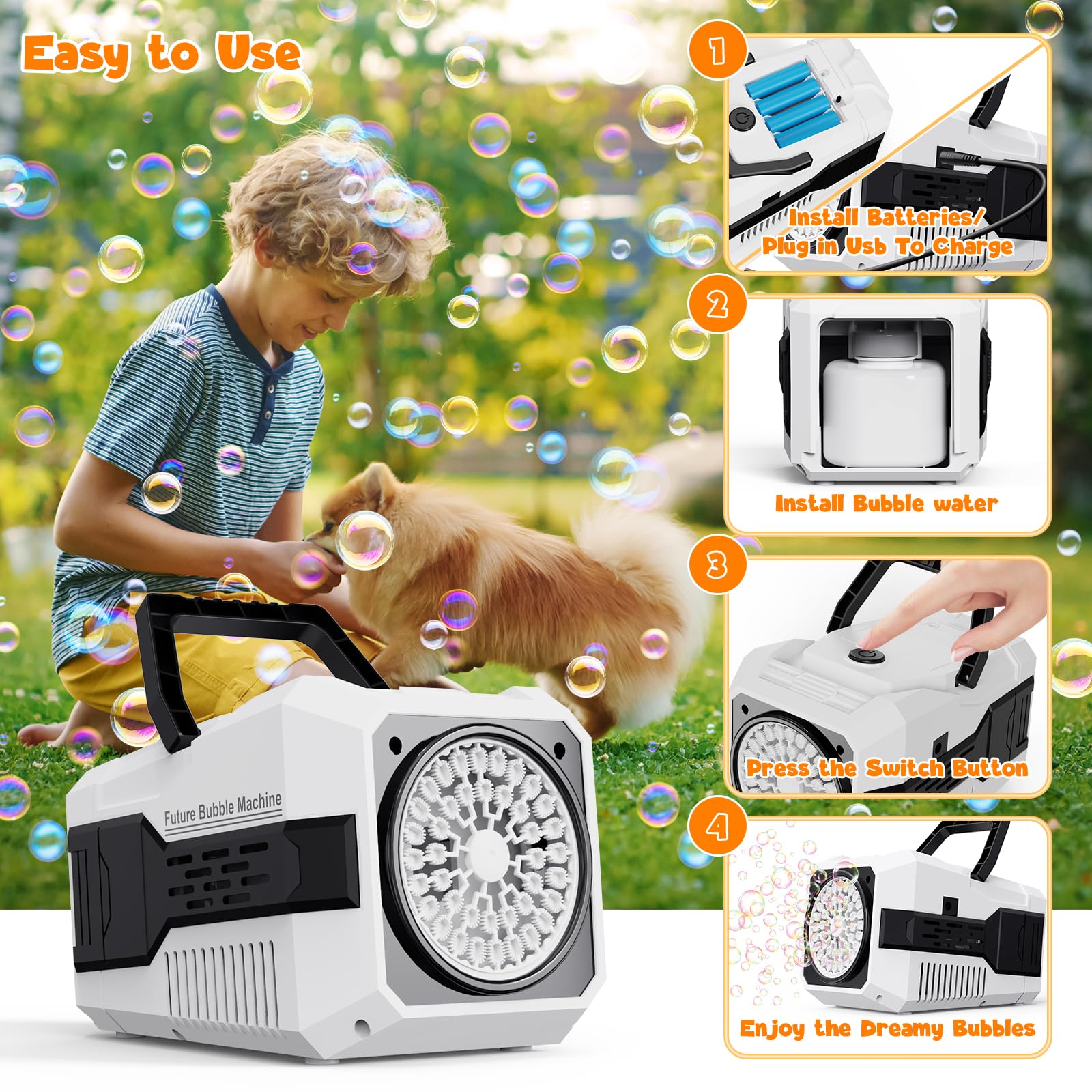 Machine à Bulles Rechargeable Enfant - 15 000 Bulles/min, Rotation 90°/360°, LED, 500 Ml, 2 Vitesses