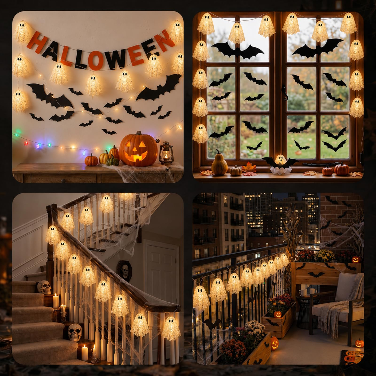 Juego de 2 luces de Halloween fantasma, 10 fantasmas LED de lentejuelas de color blanco cálido, 6.6 pies